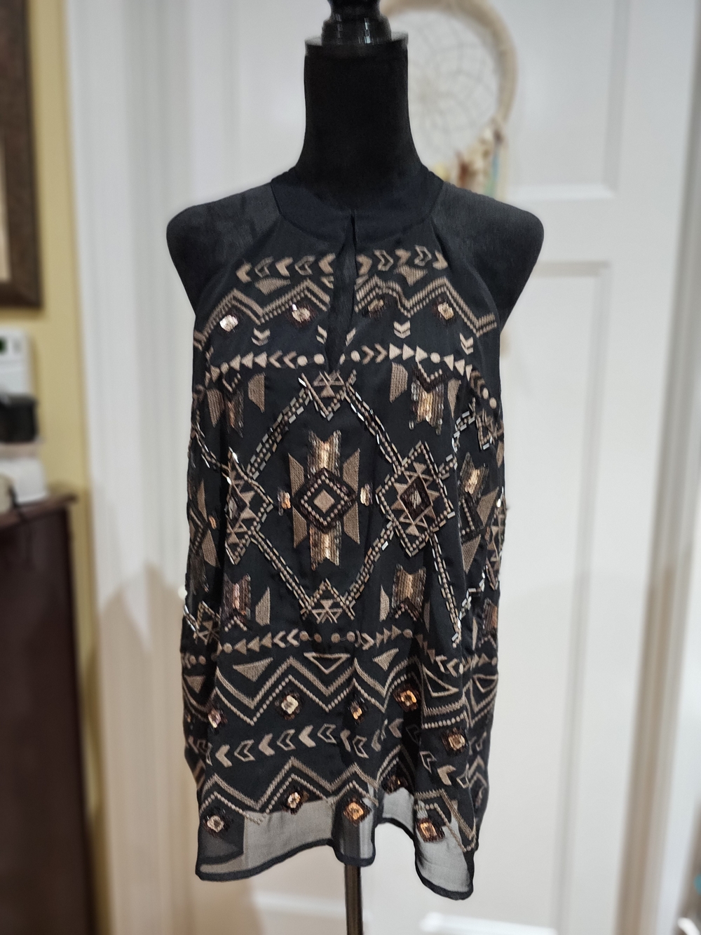 Miss Me Black Sleeveless Top with Bronze Sequin Geo Pattern